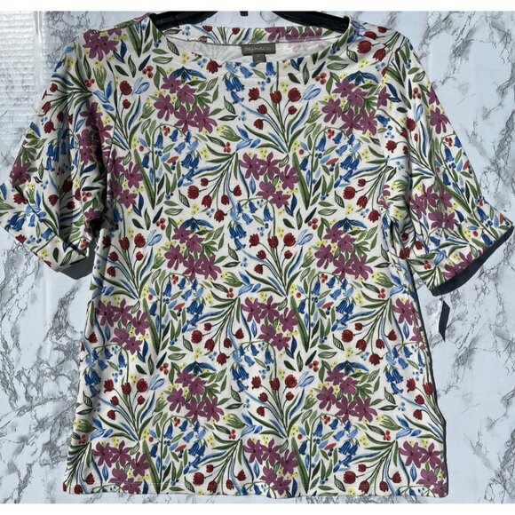 Style & Co Womens Floral Print Short Sleeve Top Dainty Shitake  0X - Picture 1 of 5